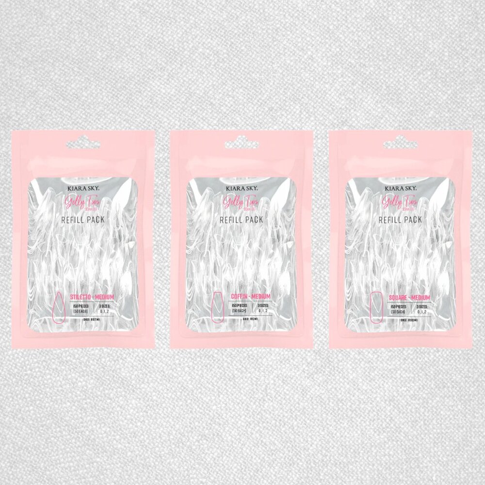 (NEW) Kiara Sky Gelly Tips Refill Packs x 9: Stiletto M, Coffin M, Square M